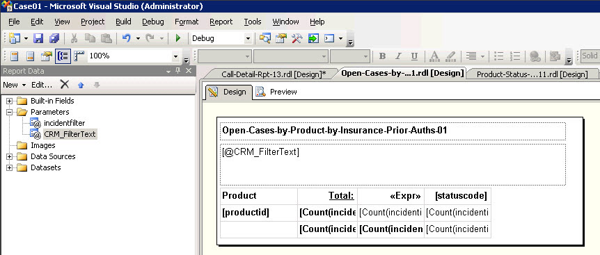 SSRS Design View showing placement of CRM_FilterText Parameter in the heading of the report